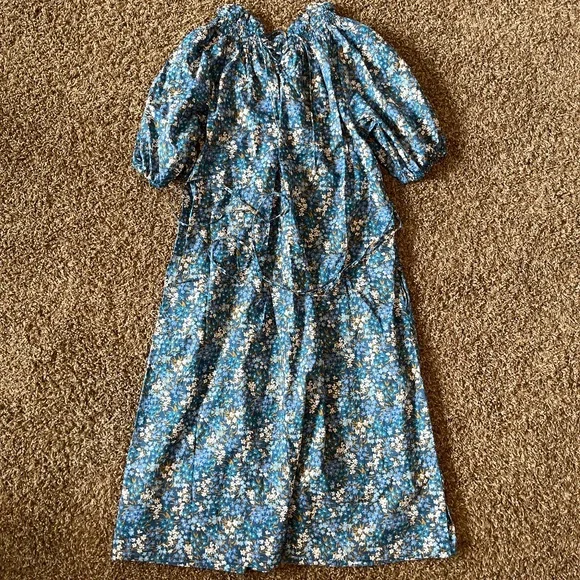 J Crew Liberty Sea Blossoms Blue Floral Smocked Neck Puff Sleeves Dress Size S - Picture 1 of 3
